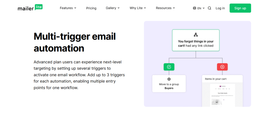 MailerLite vs. ActiveCampaign: Mailerlite multi-trigger e-mail automation