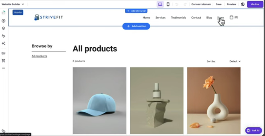 Hostinger e-commerce store layout