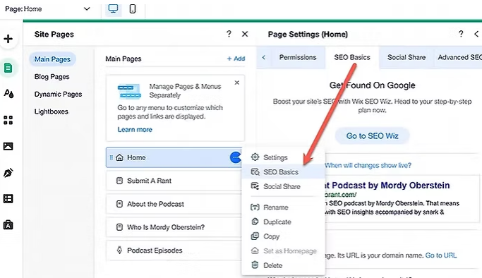 Wix's SEO settings panel