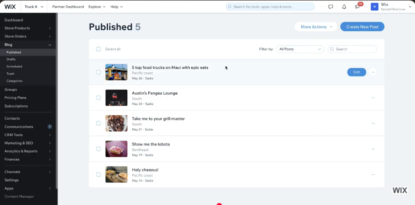 Wix blog post dashboard