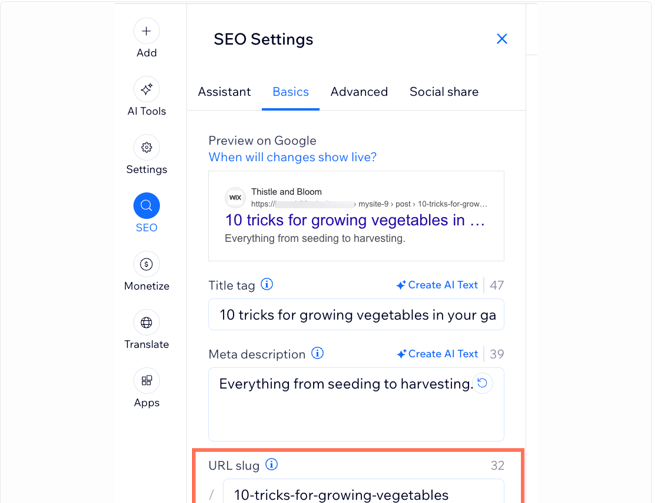 Wix blog post editor and SEO settings 