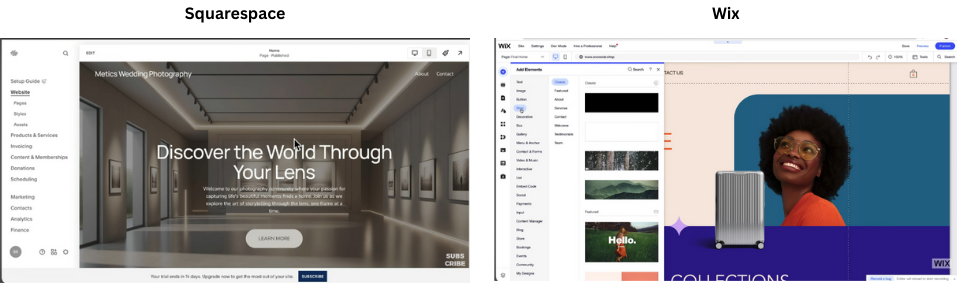 Side-by-side comparison graphic of Squarespace vs Wix editor UI